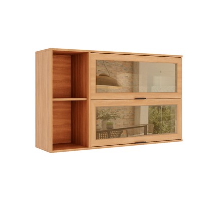 Armário Aéreo Castanha 1200mm com 2 Portas de Vidro Cinza/Freijó