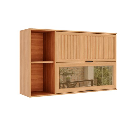 Armário Aéreo Castanha 1200mm 1 Porta Ripada e 1 Porta de Vidro Cinza/Freijó
