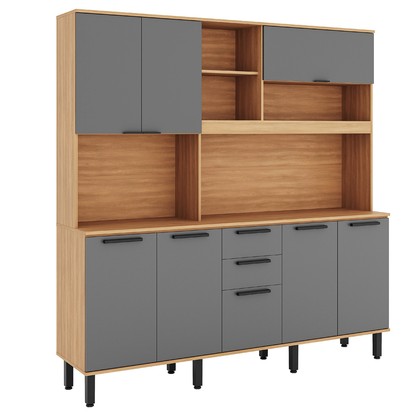 Armário de Cozinha Kit Compacto Castanha 1900mm 8 Portas 2 Gavetas Cinza/Freijó