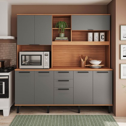 Armário de Cozinha Kit Compacto Castanha 1900mm 8 Portas 2 Gavetas Cinza/Freijó
