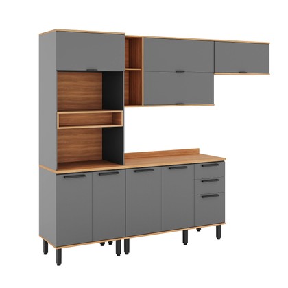 Armário de Cozinha Completa Castanha 2700mm Torre Quente e Balcão Cinza/Freijó