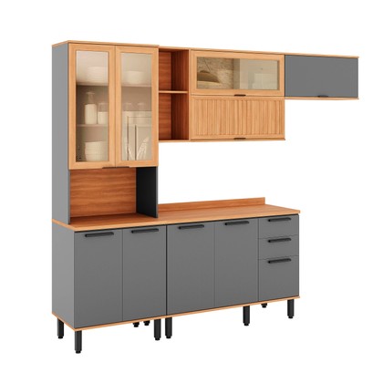 Armário de Cozinha Castanha 2700mm com Vidro e Ripado Cinza/Freijó