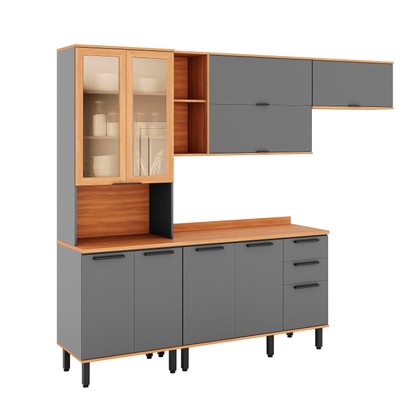 Armário de Cozinha Castanha 2700mm Paneleiro e Balcão com Vidro 4 Peças Cinza/Freijó