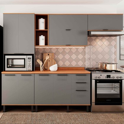 Armário de Cozinha Completa Castanha 2700mm 4 Peças Cinza/Freijó