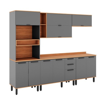 Armário de Cozinha Completa Castanha 2700mm Torre Quente 5 Peças Cinza/Freijó