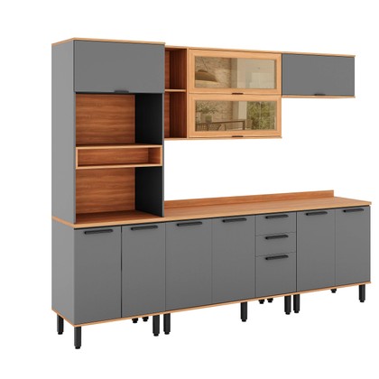 Armário de Cozinha Completa Castanha 2700mm Torre Quente 5 Peças Cinza/Freijó