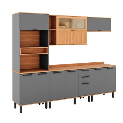 Armário de Cozinha Completa Castanha 2700mm Torre Quente 5 Peças Cinza/Freijó