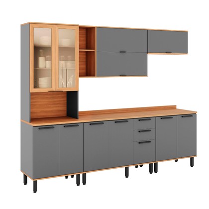 Armário de Cozinha Castanha 2700mm Paneleiro C/ Vidro 5 Peças Cinza/Freijó