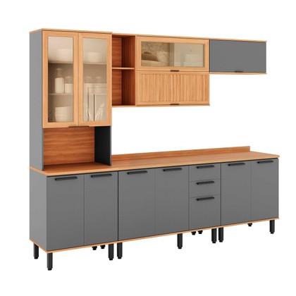 Armário de Cozinha Castanha 2700mm com Ripado e Vidro 5 Peças Cinza/Freijó