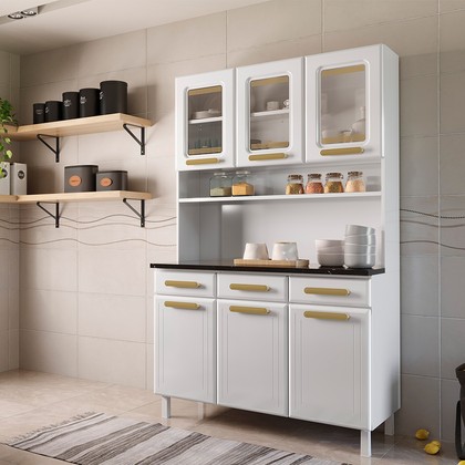 Armário de Cozinha de Aço Kit Triplo Telasul ágata com Vidro Branco