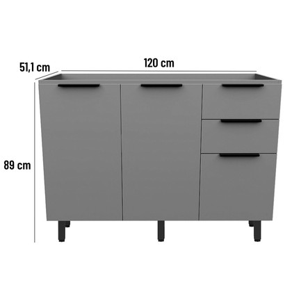 Balcão de Cozinha Lumina 1200mm sem Tampo 2 Portas e 3 Gavetas Cinza/Cinza