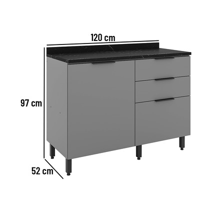 Balcão de Cozinha Lumina 1200mm com Tampo 1 Porta e 3 Gavetas Cinza/Cinza