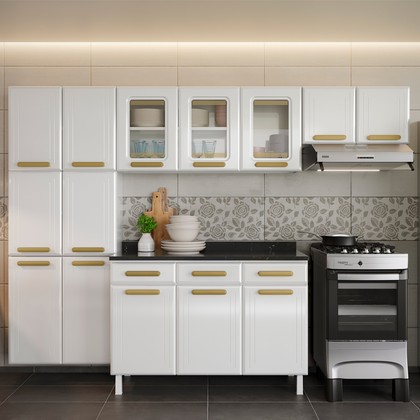 Cozinha de Aço Completa Telasul ágata Branco 3 Vidros com Balcão