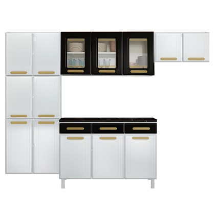 Cozinha de Aço Completa Telasul ágata Branco/Preto 3 Vidros com Balcão