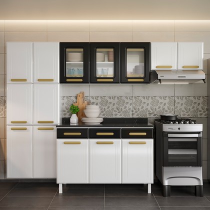 Cozinha de Aço Completa Telasul ágata Branco/Preto 3 Vidros com Balcão