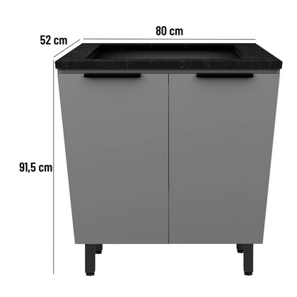 Balcão de Cozinha Lumina 800mm para Cooktop 4 Bocas com Tampo 2 Portas Cinza/Cinza