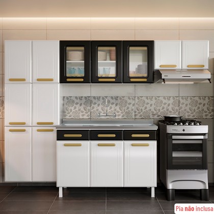 Cozinha de Aço Completa Telasul ágata Branco/Preto 3 Vidros com Balcão de Pia
