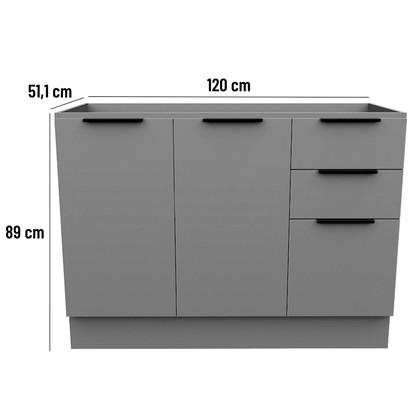 Balcão de Cozinha Lumina 1200mm com Rodapé sem Tampo 2 Portas e 3 Gavetas Cinza/Cinza
