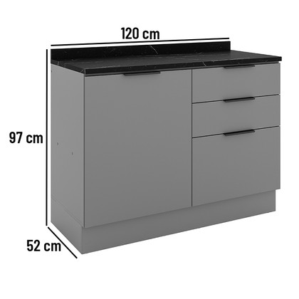 Balcão de Cozinha Lumina 1200mm com Rodapé e Tampo 1 Porta e 3 Gavetas Cinza/Cinza