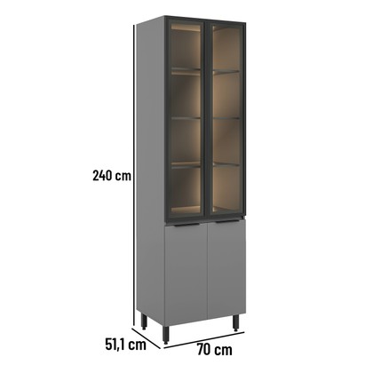 Paneleiro de Cozinha Lumina 700mm com Iluminacão 2 Porta com Vidro Cinza/Cinza