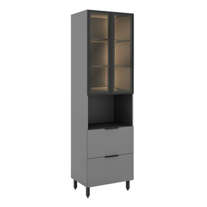 Paneleiro de Cozinha Lumina 700mm com Iluminacão para Micro 2 Portas com Vidro 1 Porta Basculante e 1 Gaveta Cinza/Cinza
