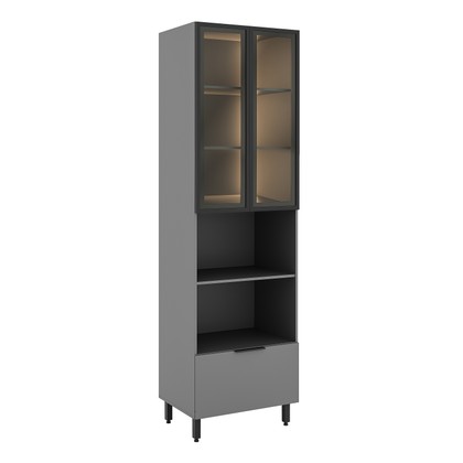 Paneleiro de Cozinha Lumina 700mm com Iluminacão para Micro e Forno 2 Portas com Vidro e 1 Gaveta Cinza/Cinza