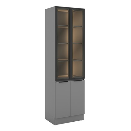 Paneleiro de Cozinha Lumina 700mm com Iluminacão e com Rodapé 2 Portas com Vidro  Cinza/Cinza