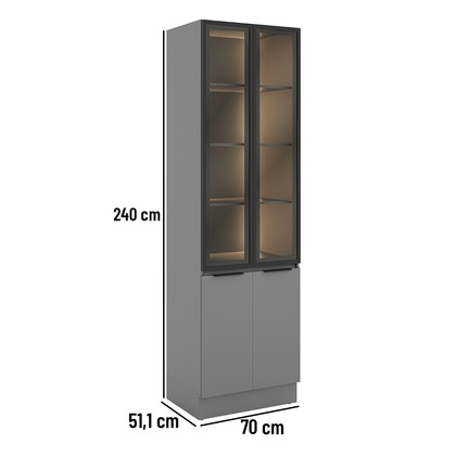 Paneleiro de Cozinha Lumina 700mm com Iluminacão e com Rodapé 2 Portas com Vidro  Cinza/Cinza