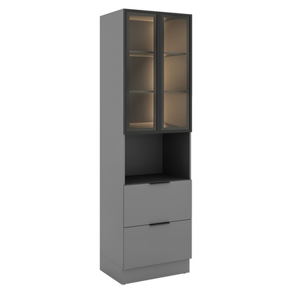 Paneleiro de Cozinha Lumina 700mm com Iluminacão e com Rodapé para Micro 2 Portas com Vidro 1 Porta Basculante e 1 Gaveta Cinza/Cinza