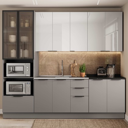 Cozinha Telasul Lumina 5 Peças com Paneleiro para Forno e Micro e Vidro Fumê Cinza