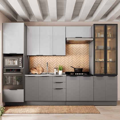 Cozinha Lumina 6 Peças com Balcão P/Pia | Cooktop 05 Bocas Torre Quente - Forno de Embutir e  Led
