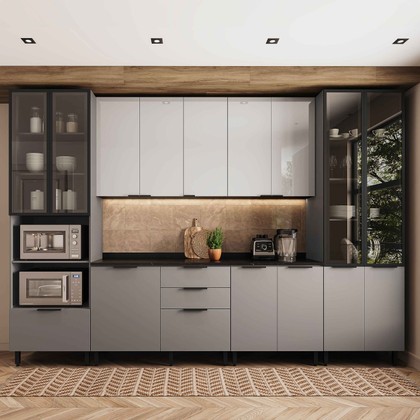 Cozinha Telasul Lumina 6 Peças com Paneleiro para Forno e Micro e Vidro Fumê Cinza