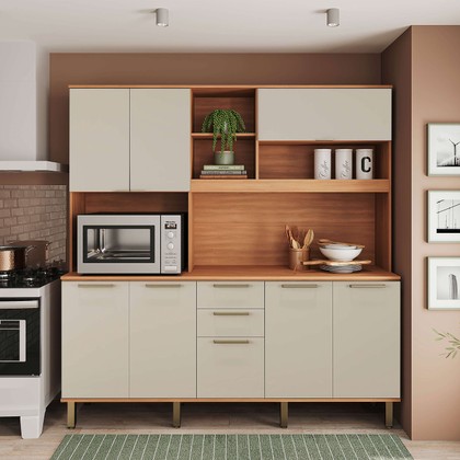 Armário de Cozinha Kit Compacto Castanha 1900mm 8 Portas 2 Gavetas Arenas/Freijó