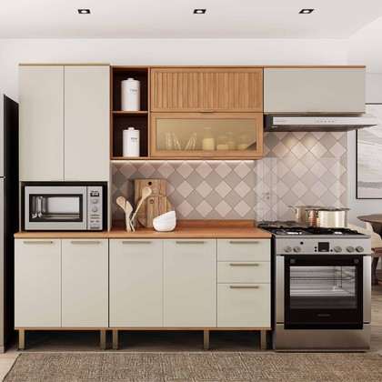 Cozinha Castanha 4 Peças 1 Porta com Vidro para Micro-Ondas - Arenas/Freijó