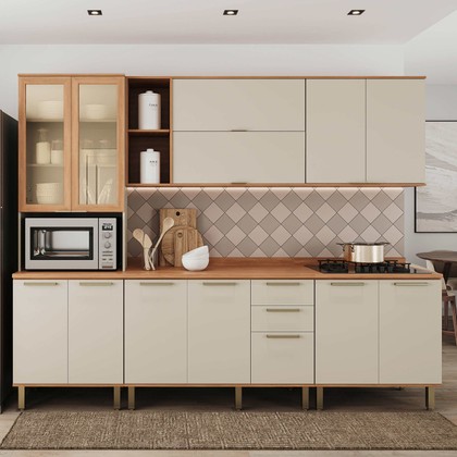 Cozinha Castanha 4 Peças 2 Portas com Vidro para Micro-Ondas - Arenas/Freijó