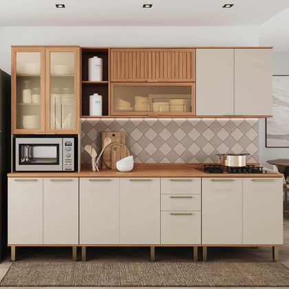 Cozinha Castanha 5 Peças 1 Portas Ripadas e 1 Porta com Vidro para Micro-Ondas - Arenas/Freijó