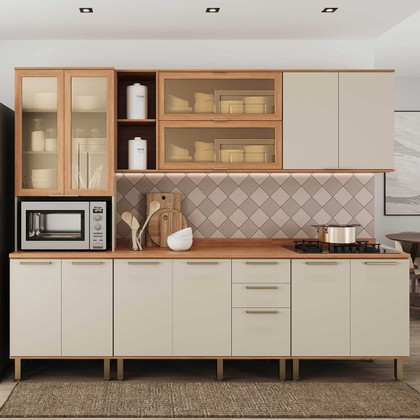 Cozinha Castanha 5 Peças 4 Portas com Vidro para Micro-Ondas - Arenas/Freijó