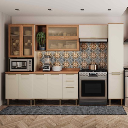 Cozinha Castanha 5 Peças 4 Portas com Vidro para Micro-Ondas - Arenas/Freijó
