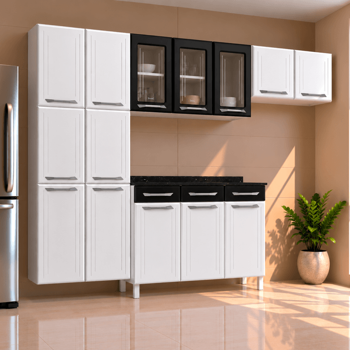 Cozinha de Aço Completo Telasul Topázio C/ Vidro 4 Peças Branco/Preto - Telasul