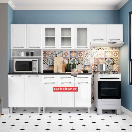 Armário de Cozinha de Aço Telasul Topázio C/ Vidro 3 Peças Branco - Telasul