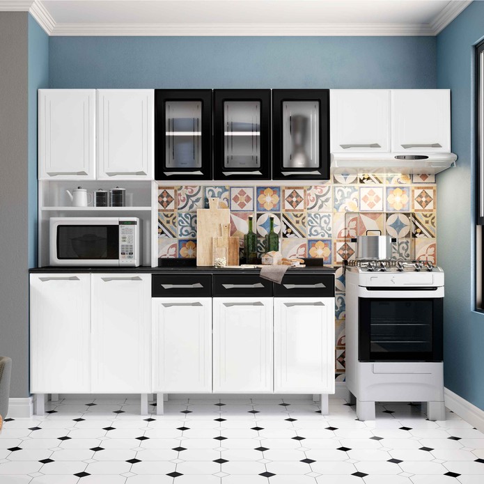 Cozinha de Aço Completa C/ Kit para Micro-Ondas Telasul Topázio 4 Peças Branco/Preto - Telasul