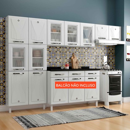 Armário de Cozinha Compacta de Aço Telasul Star C/ Vidro 3 Peças Branco - Telasul
