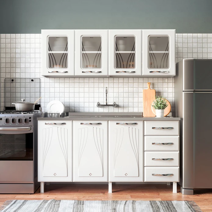 Armário de Cozinha de Aço Star 2 Peças com Vidro e Balcão para Pia Branco - Telasul