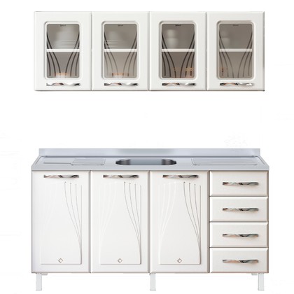 Armário de Cozinha de Aço Star 2 Peças com Vidro e Balcão para Pia Branco - Telasul