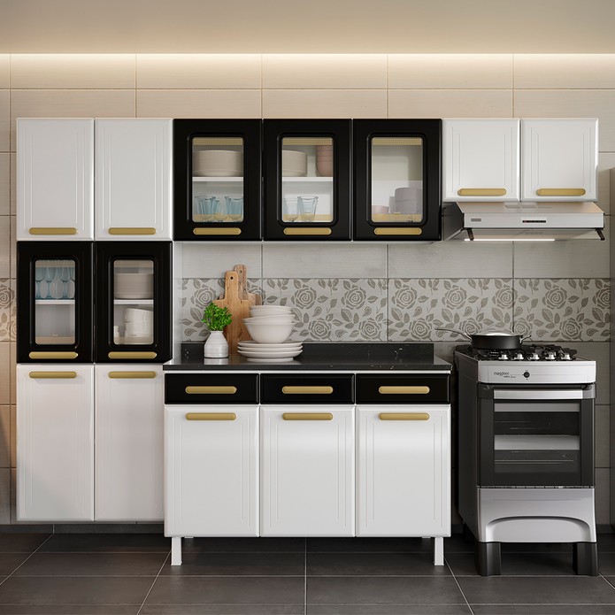 Cozinha de Aço Completa Telasul ágata 5 Vidros com Balcão Branco/Preto - Telasul