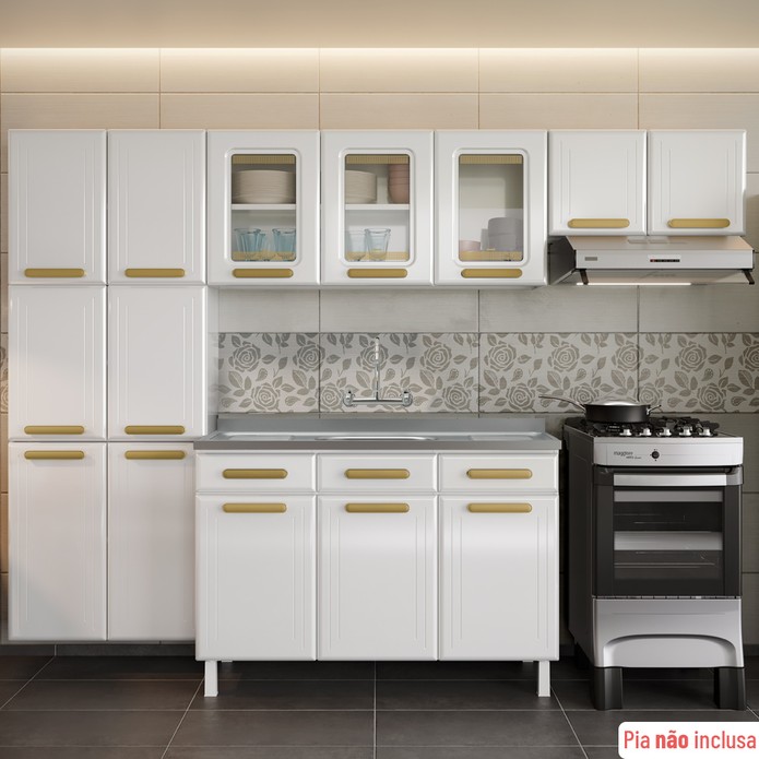 Cozinha de Aço Completa Telasul ágata 3 Vidros com Balcão para Pia Branco - Telasul