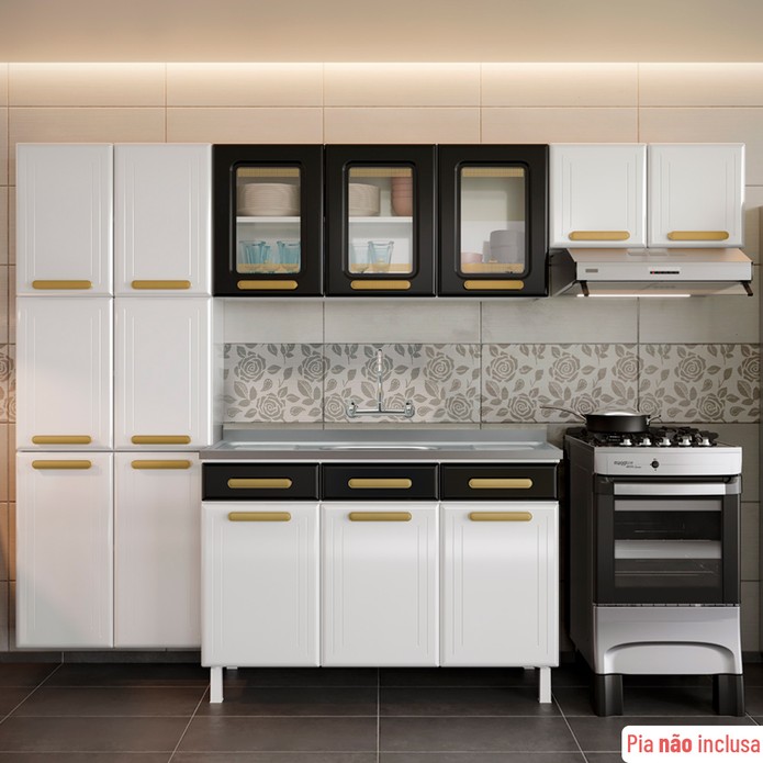 Cozinha de Aço Completa Telasul ágata 3 Vidros com Balcão para Pia Branco/Preto - Telasul