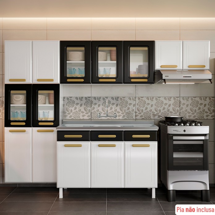 Cozinha de Aço Completa Telasul ágata com Balcão para Pia Branco/Preto - Telasul