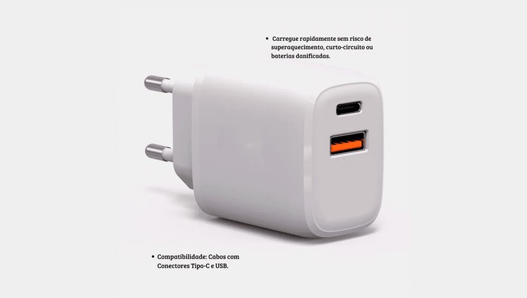 Carregador Turbo Hrebos Usb-C + Usb - 20w