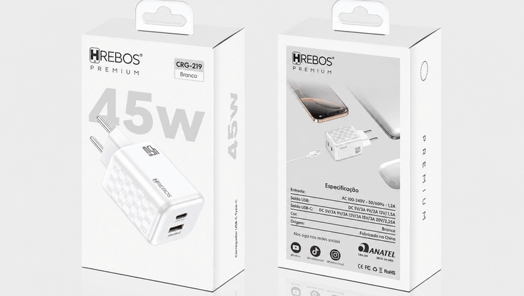 Carregador Turbo Hrebos Usb-C + Usb - 40w